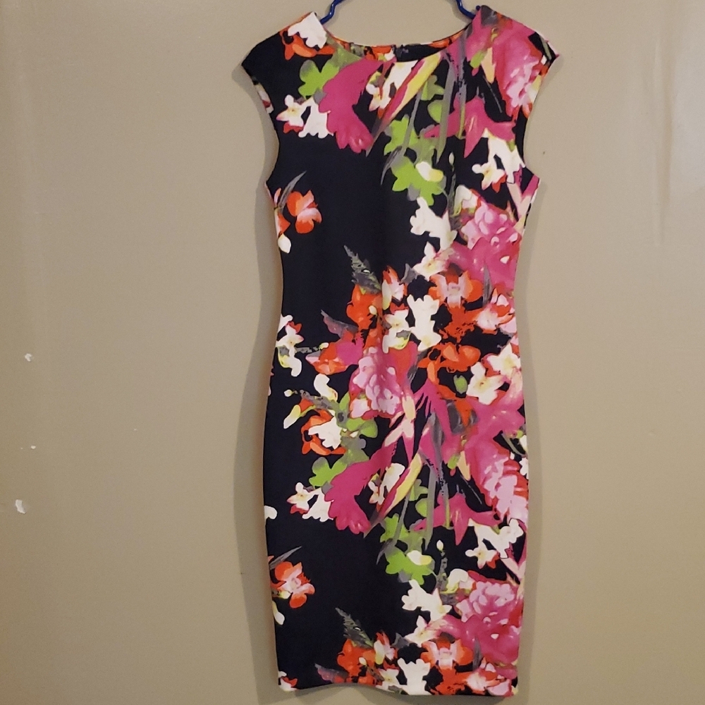 Vince Camuto Pink and Orange Sheath Dress Cap Sleeve Crew Neck Midi